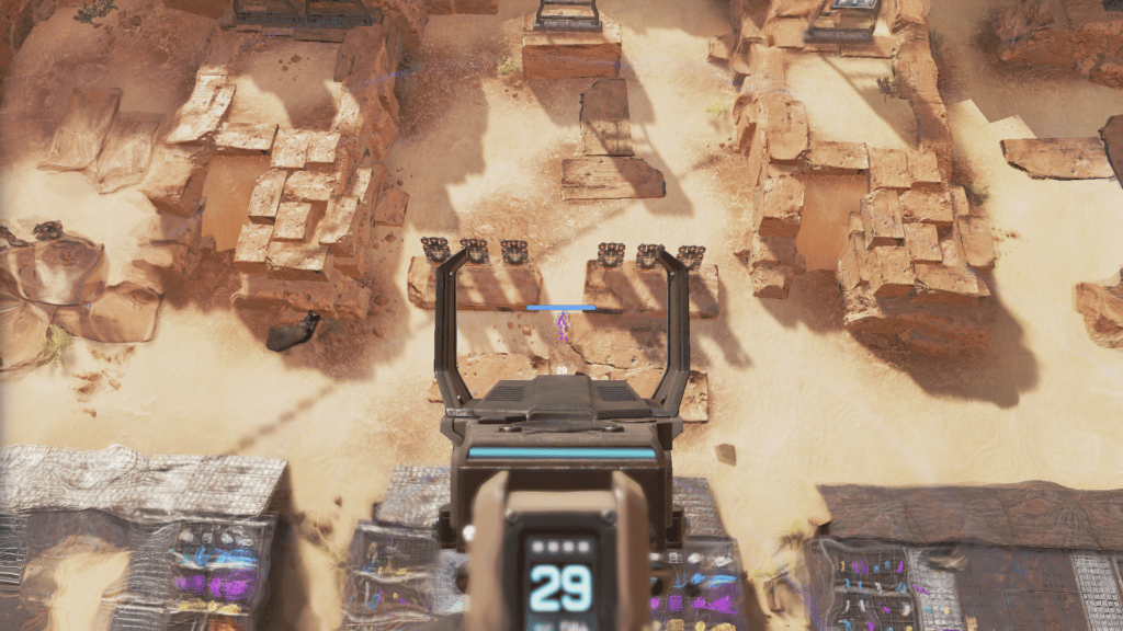 Apex Legends Horizon aiming at a training dummy at the top of her Gravity Lift.