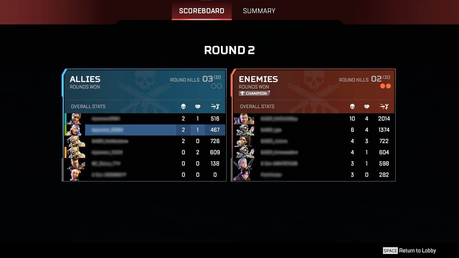 Showing the round 2 scores in Apex Legends Team Deathmatch mode.