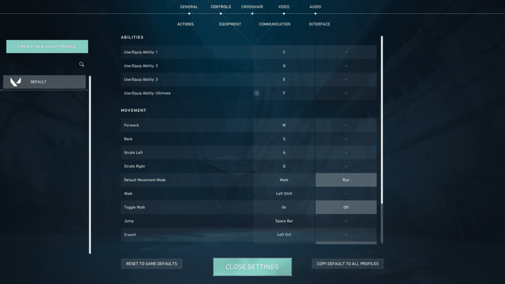 A photo of the controls and keybinds Valorant Settings.