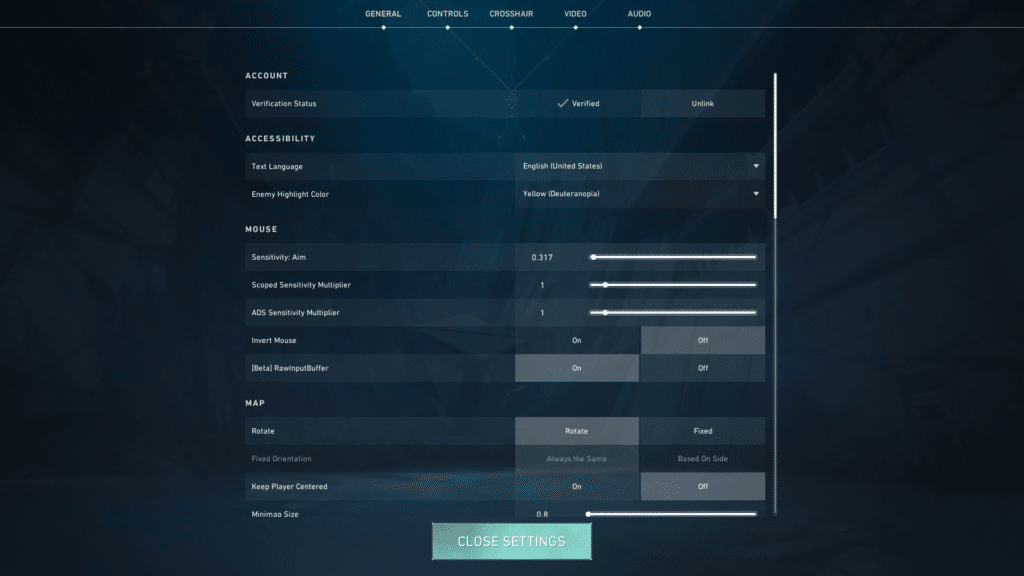 A photo of the general settings in Valorant.