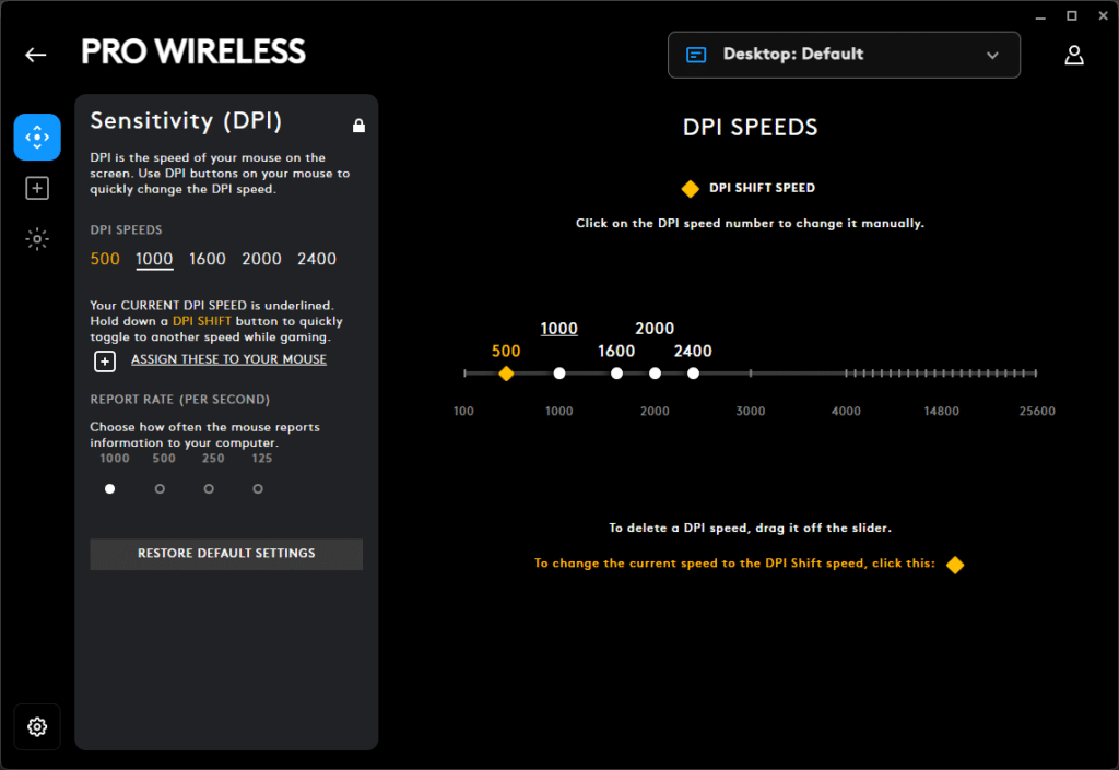 A photo of the Logitech software showing Mouse DPI