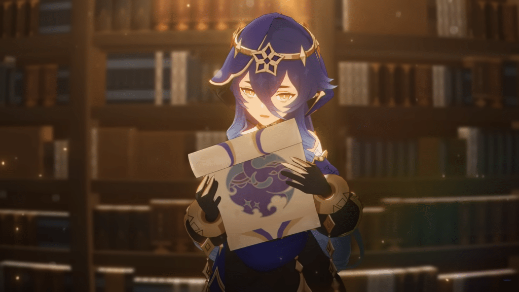Genshin Impact Layla looking over a scroll in the library