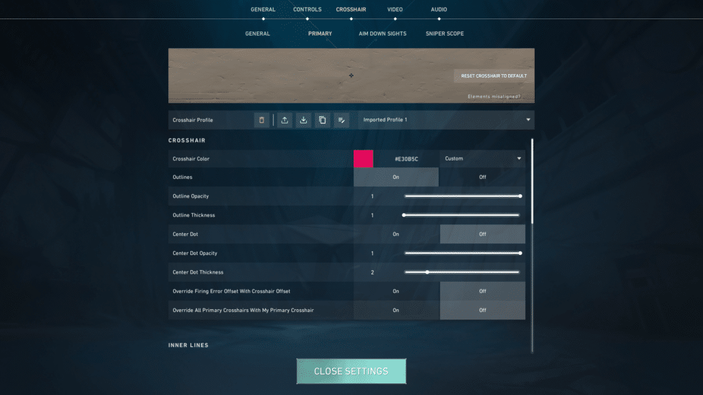 Custom crosshair colors featuring Valorant hex codes.