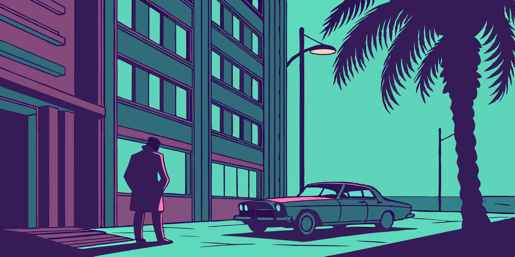Vice City skyline with classic car and palm tree.