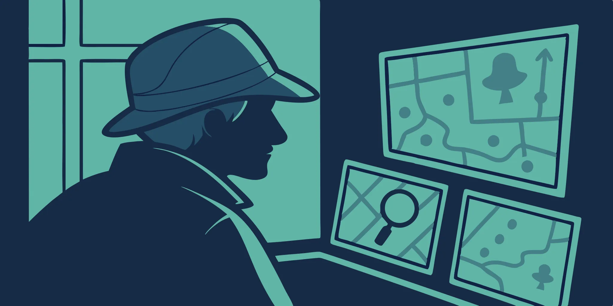 GTA 6 detective analyzes strategic maps on multiple screens.