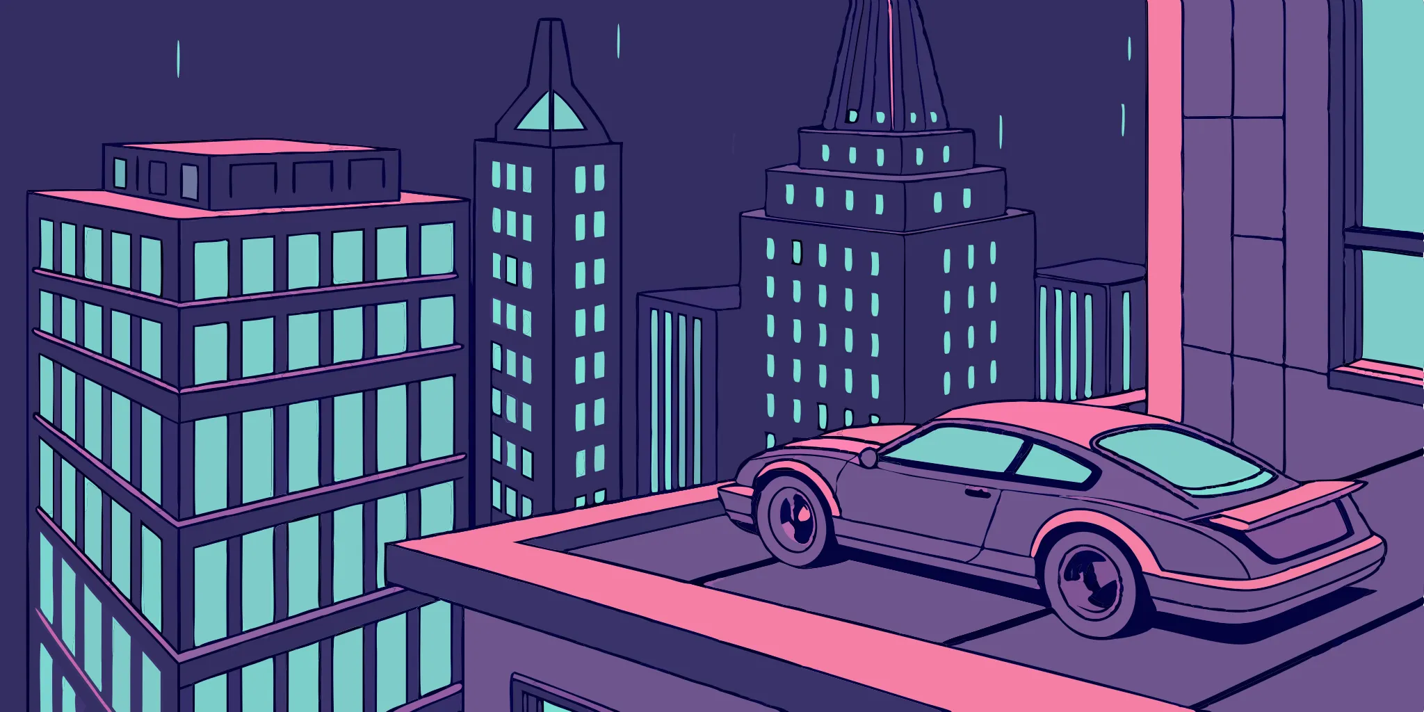 Sports car overlooking city.