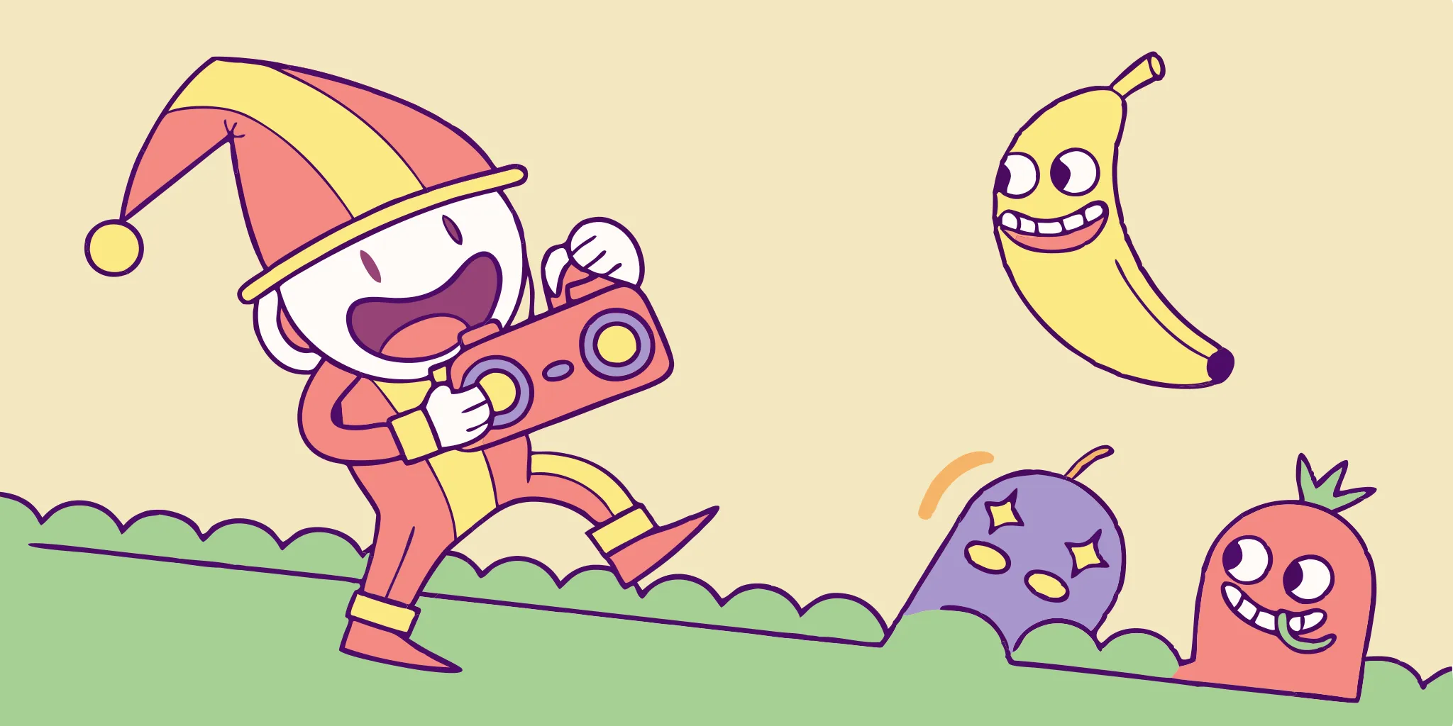 Dancing character and quirky fruit add humor to video game design.