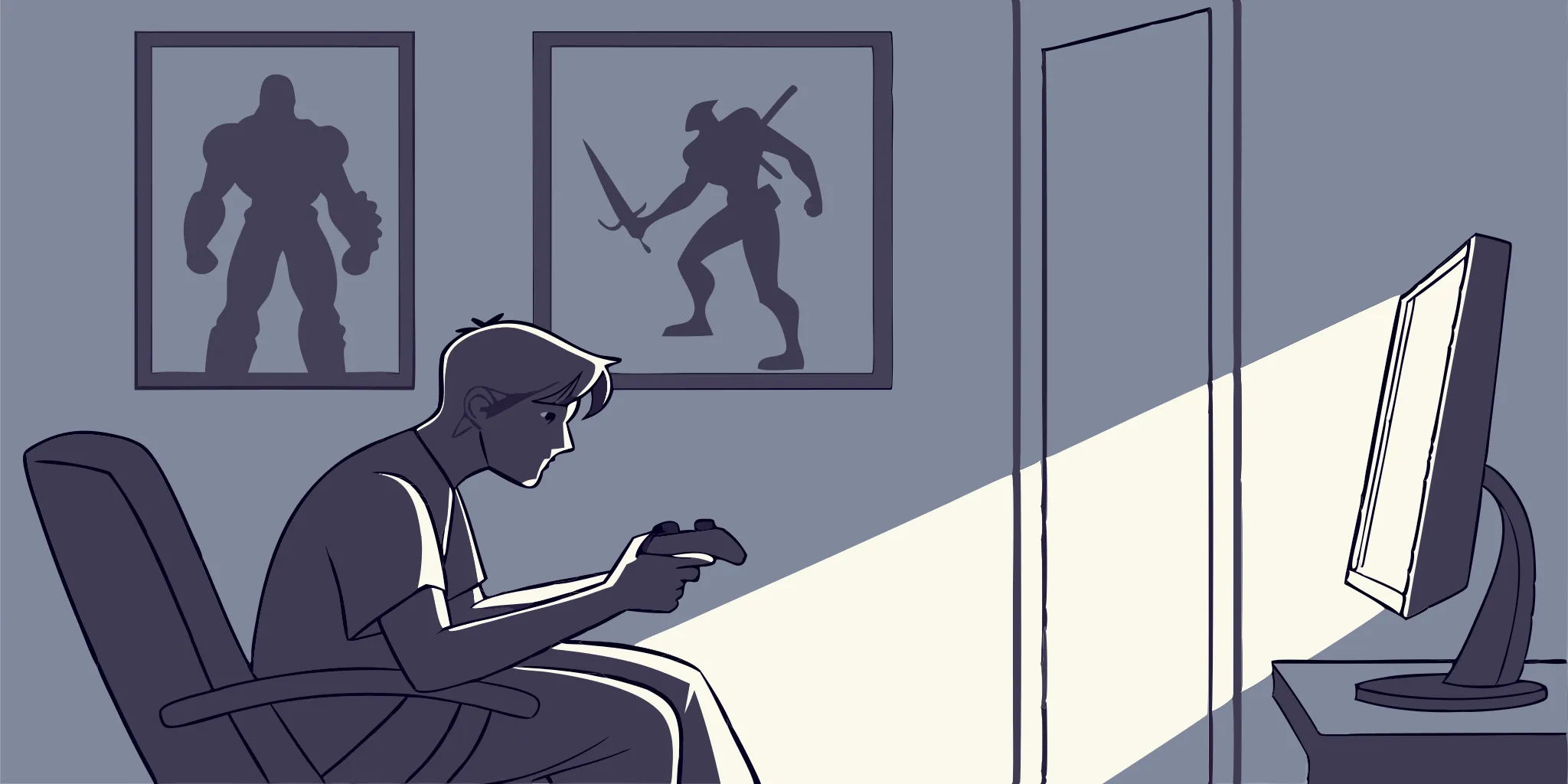 Gamer focused on screen in a hero-themed room, building resilience through gaming.