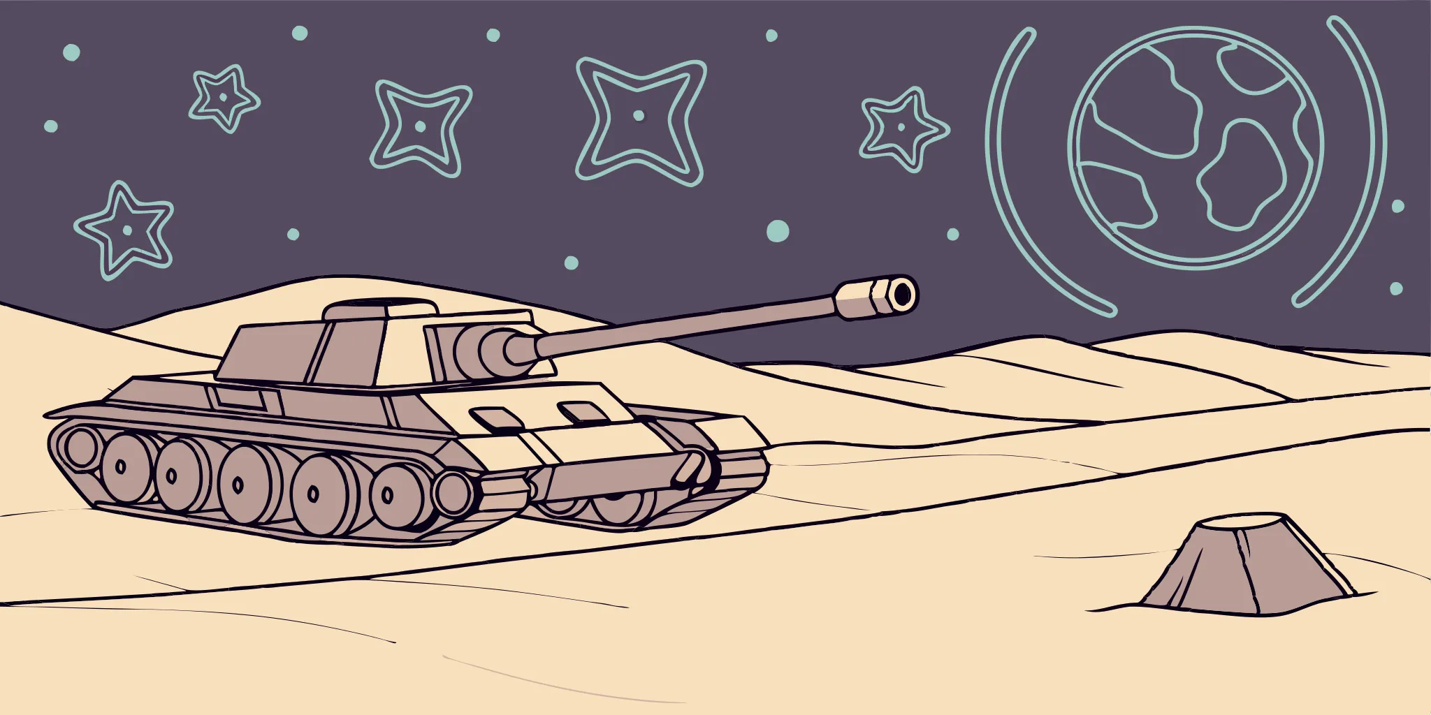 Super Earth tank on desert landscape under starry sky.