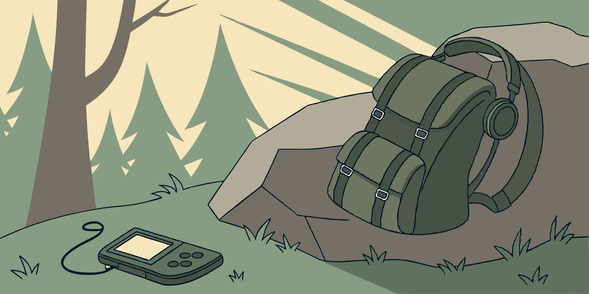 Gaming backpack with headphones and handheld console on grass.