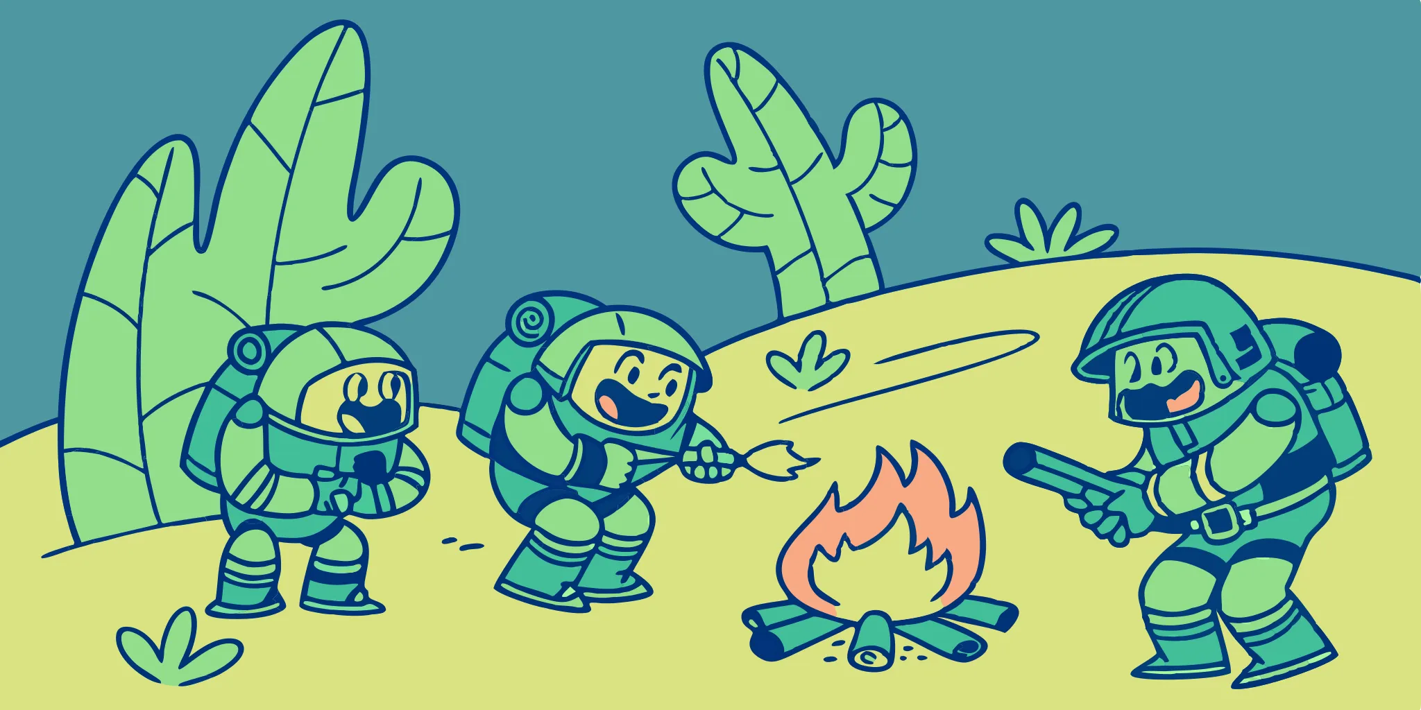 Helldivers soldiers humorously roast marshmallows around a desert campfire.