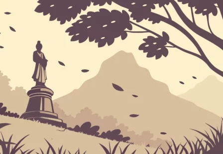 Serene Teyvat landscape with statue, mountains, and trees.