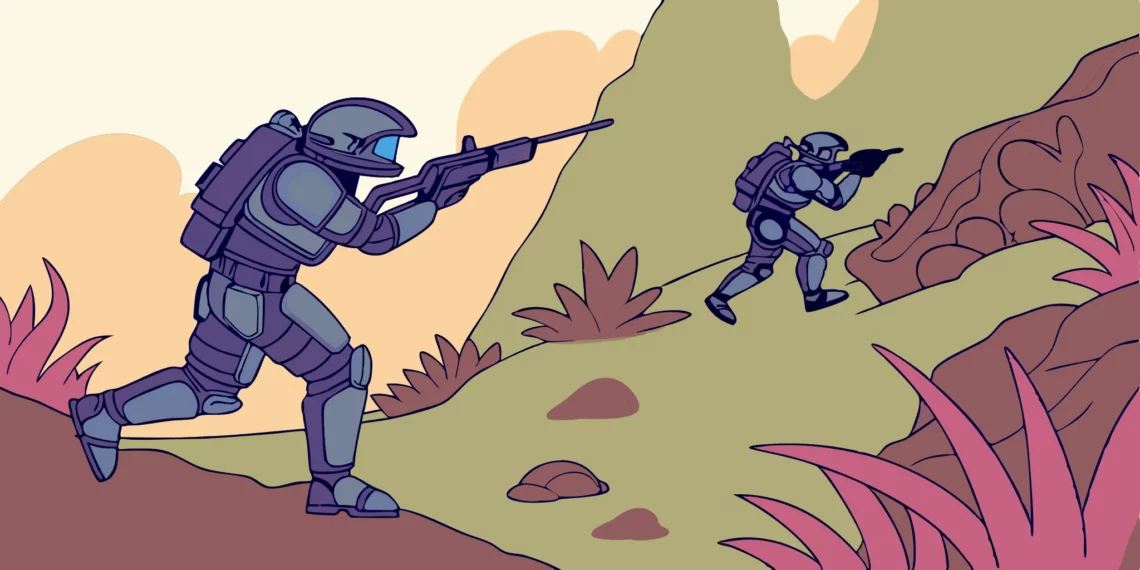 Helldivers 2 squad using tactics on a rugged terrain.