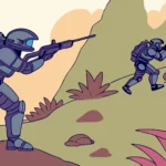 Helldivers 2 squad using tactics on a rugged terrain.