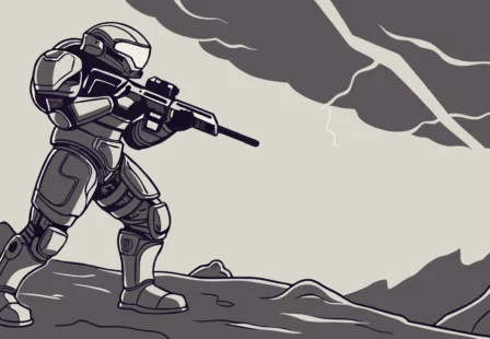 Helldiver facing a storm with rifle ready.