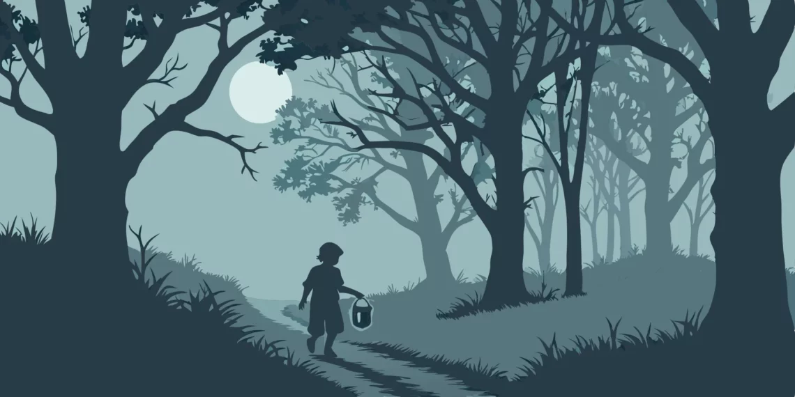 Child with lantern in spooky moonlit forest.