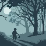 Child with lantern in spooky moonlit forest.