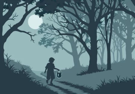 Child with lantern in spooky moonlit forest.