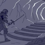 Knight ascends stairs toward light in challenging Spiral Abyss.