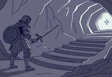 Knight ascends stairs toward light in challenging Spiral Abyss.