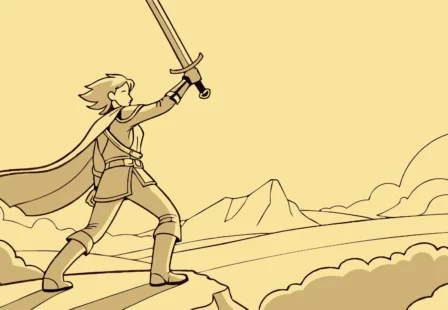Aether, sword raised, overlooking a vast landscape.