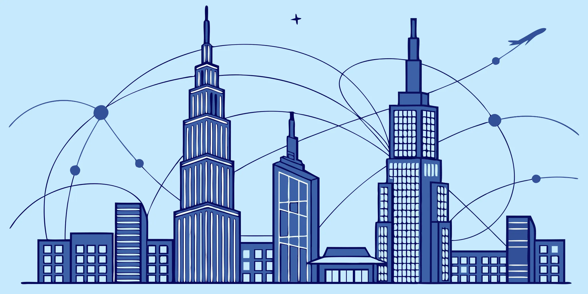 AI-powered link building connects a network of skyscrapers.