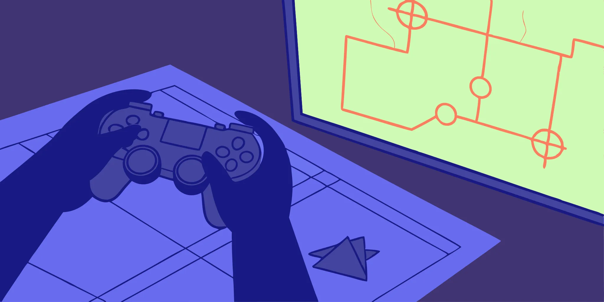 Gamer using controller with strategy map. AI summarizers boost gaming efficiency.