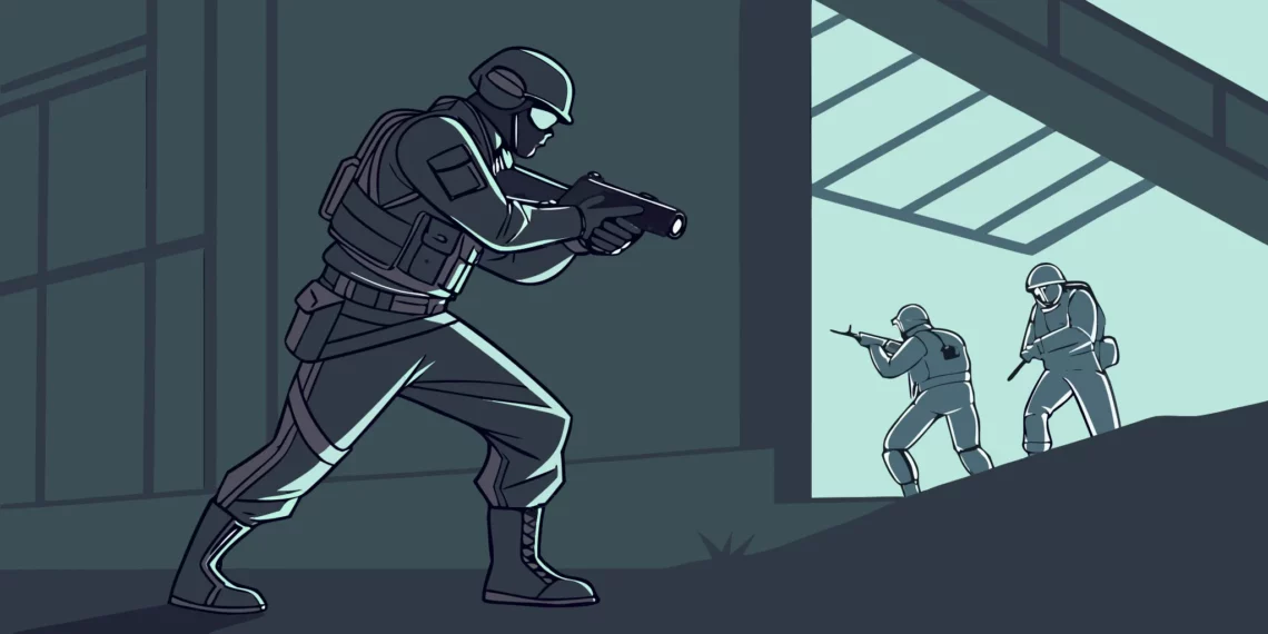 Two armed soldiers in a standoff, capturing the moment of Zlaner's savage betrayal.